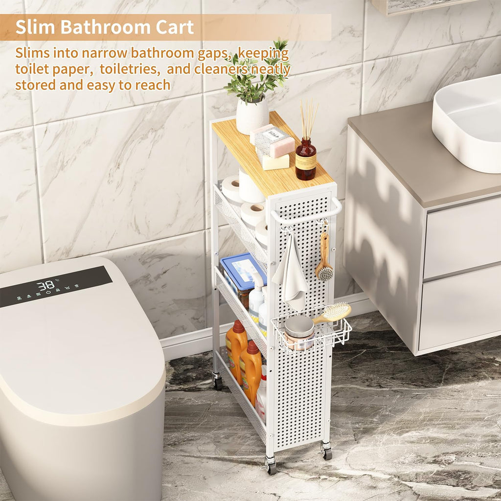 Slim Storage Rolling Cart: 4-Tier Narrow Metal & Wood Utility Cart with Wheels for Kitchen/Laundry/Bathroom(White)