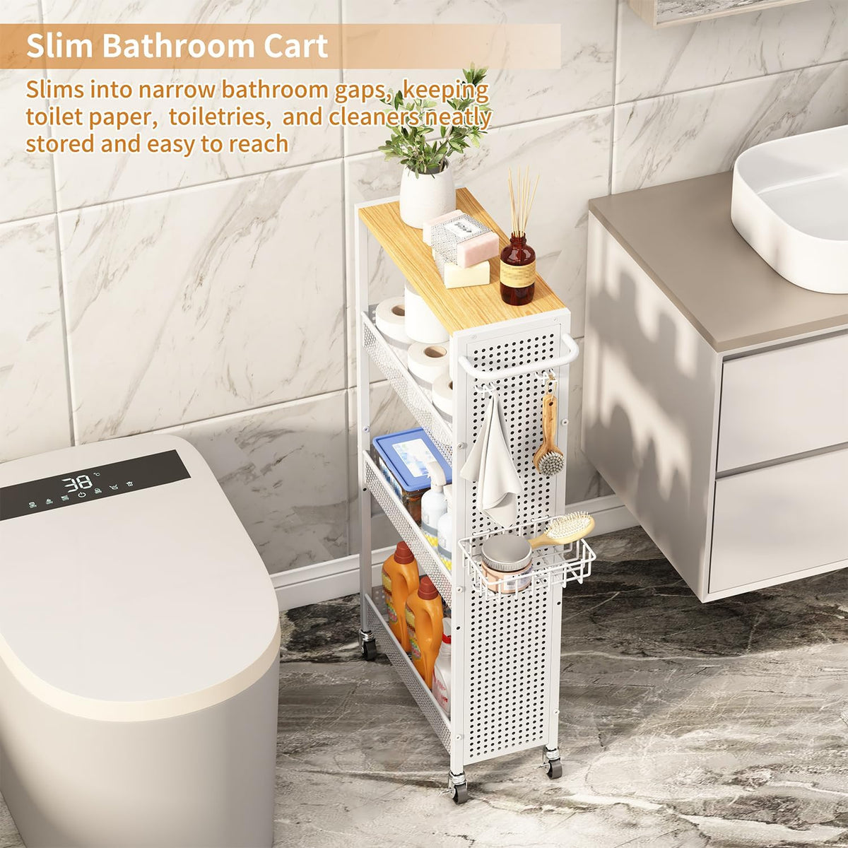 Slim Storage Rolling Cart: 4-Tier Narrow Metal & Wood Utility Cart with Wheels for Kitchen/Laundry/Bathroom(White)