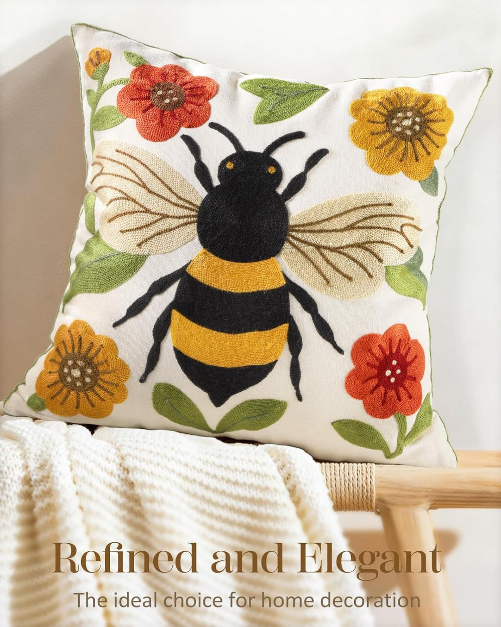 Animal Embroidered Throw Pillow Covers 18x18 Inch, Bee Floral