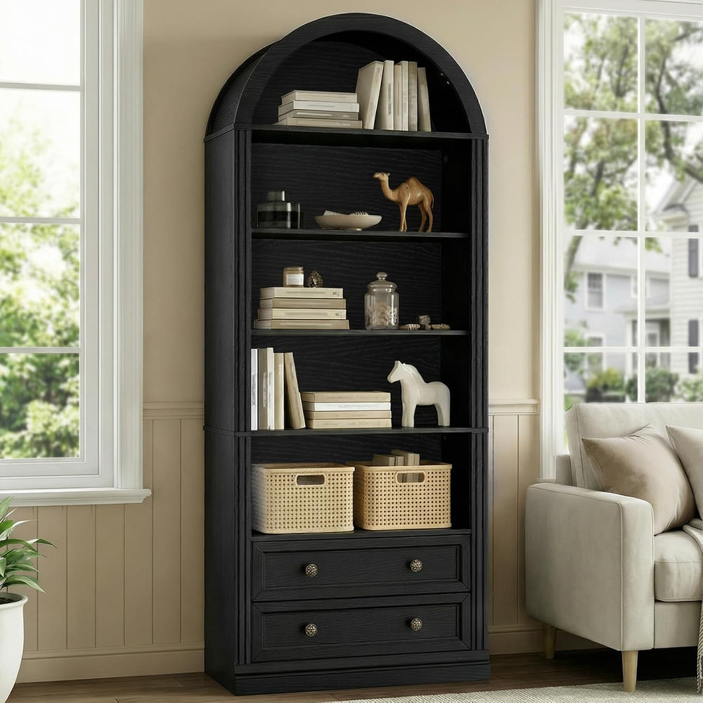 RALGEND Farmhouse Arched Bookshelf, 7 Tiers Arch Bookcase with 2 Drawers