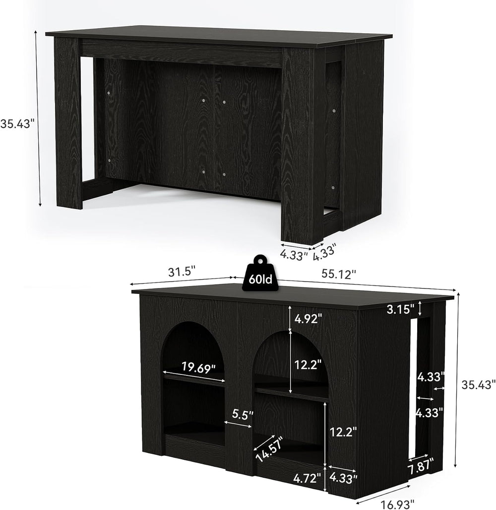 LITTLE TREE 55” Kitchen Island with Seating and Storage, Modern Black Wood St...