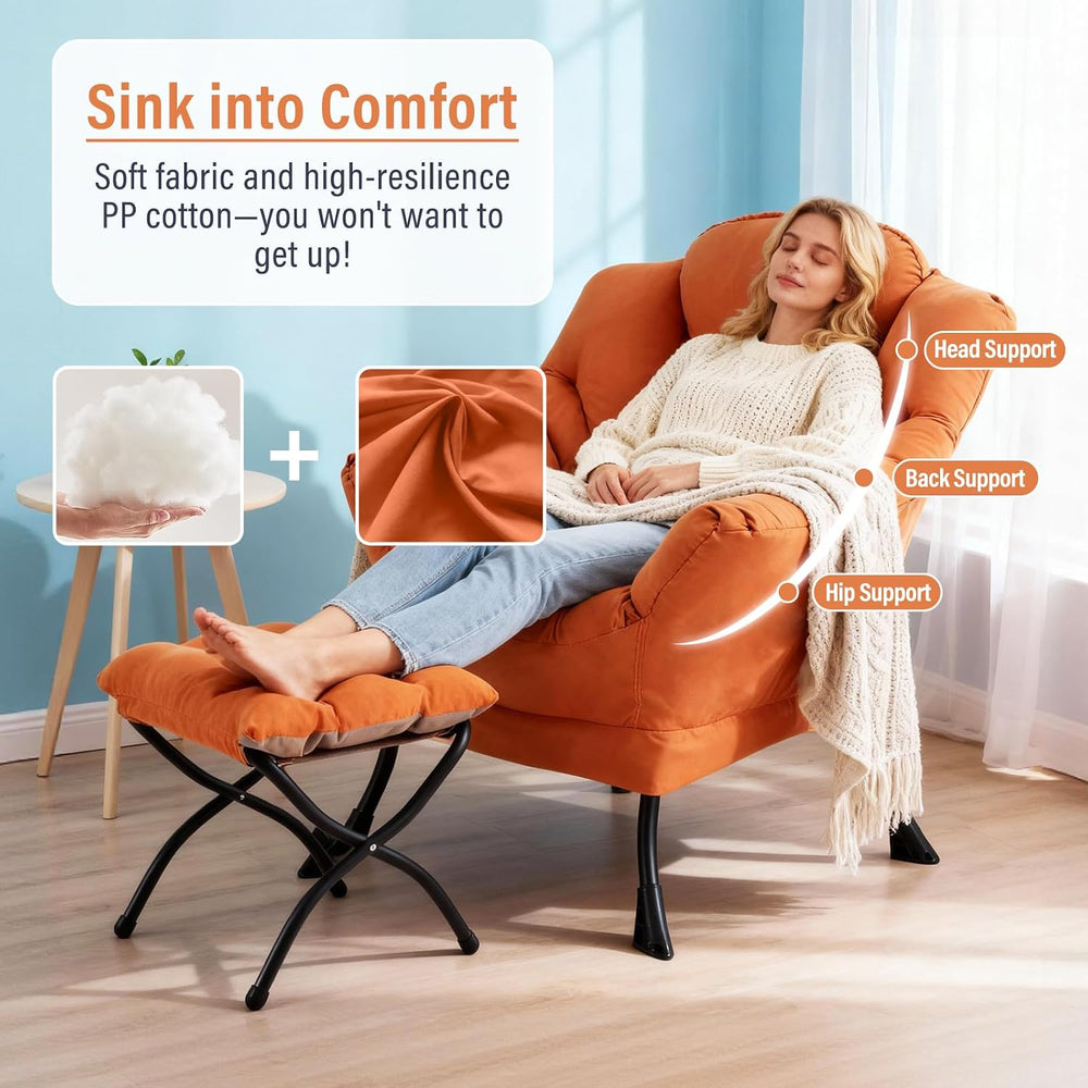 Furlide Lazy Chair with Ottoman, Soft Comfy Chair for Bedroom, Orange