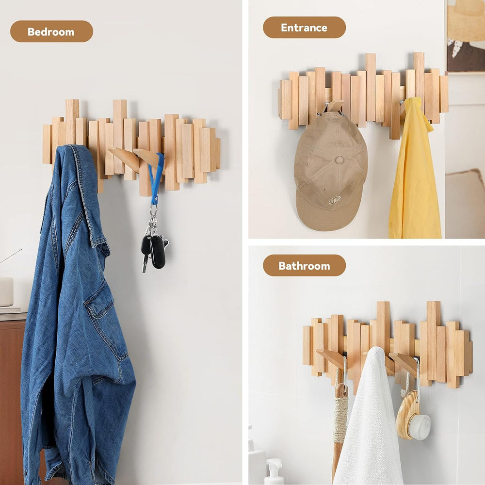Ufine Wood Wall Mounted Coat Rack with 6 Flip-Down Hooks
