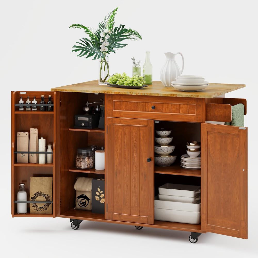 Ahomly Rolling Kitchen Island with Storage, Drop Leaf and Drawer, Brown