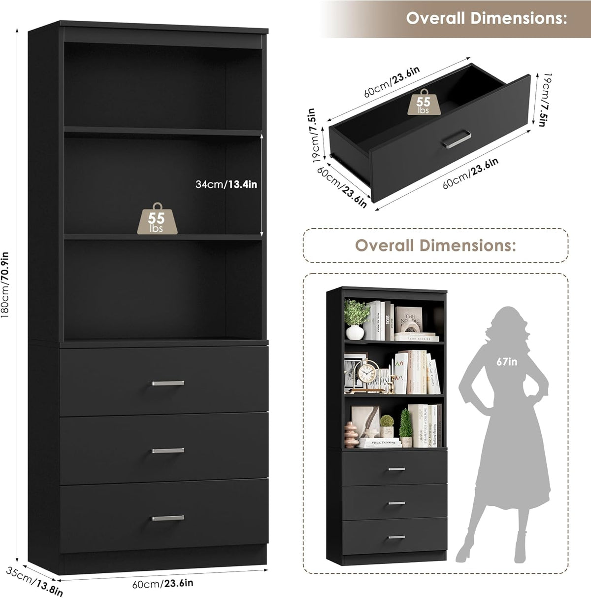 FOTOSOK 71" Black Bookshelf with 3 Drawers, Tall Bookshelf and Bookcase