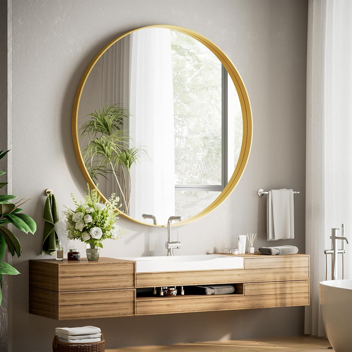 VooBang 48" Round Bathroom Mirror, Large Gold Circle Wall Mounted Mirror