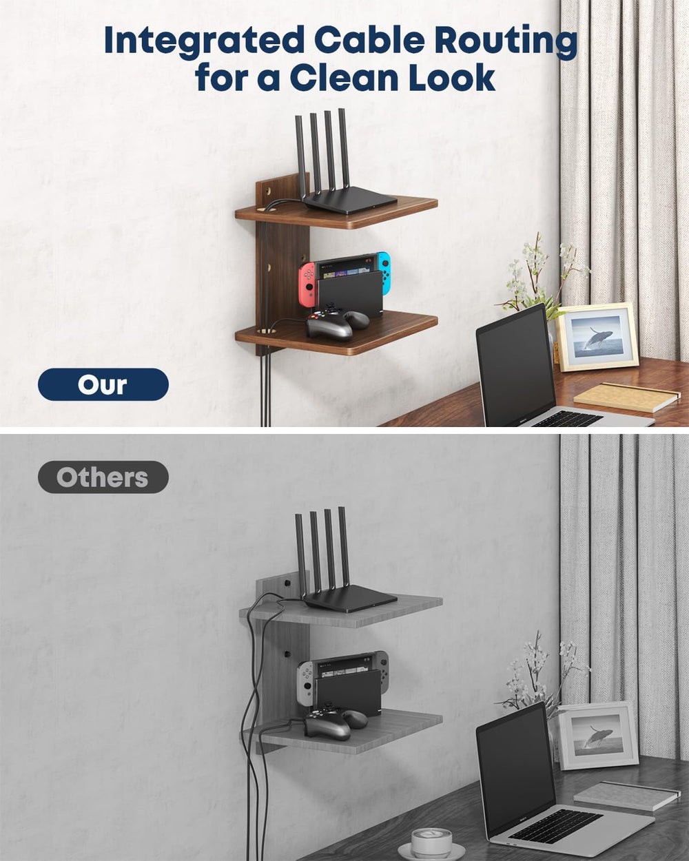 Floating TV Projector Shelf Wall Mount - 2 Tier Wooden Shelf, Walnut Brown