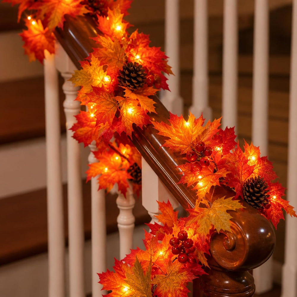 Fall Decorations Lighted Fall Garland with Pinecones and Berries, 9FT 50 Inca...