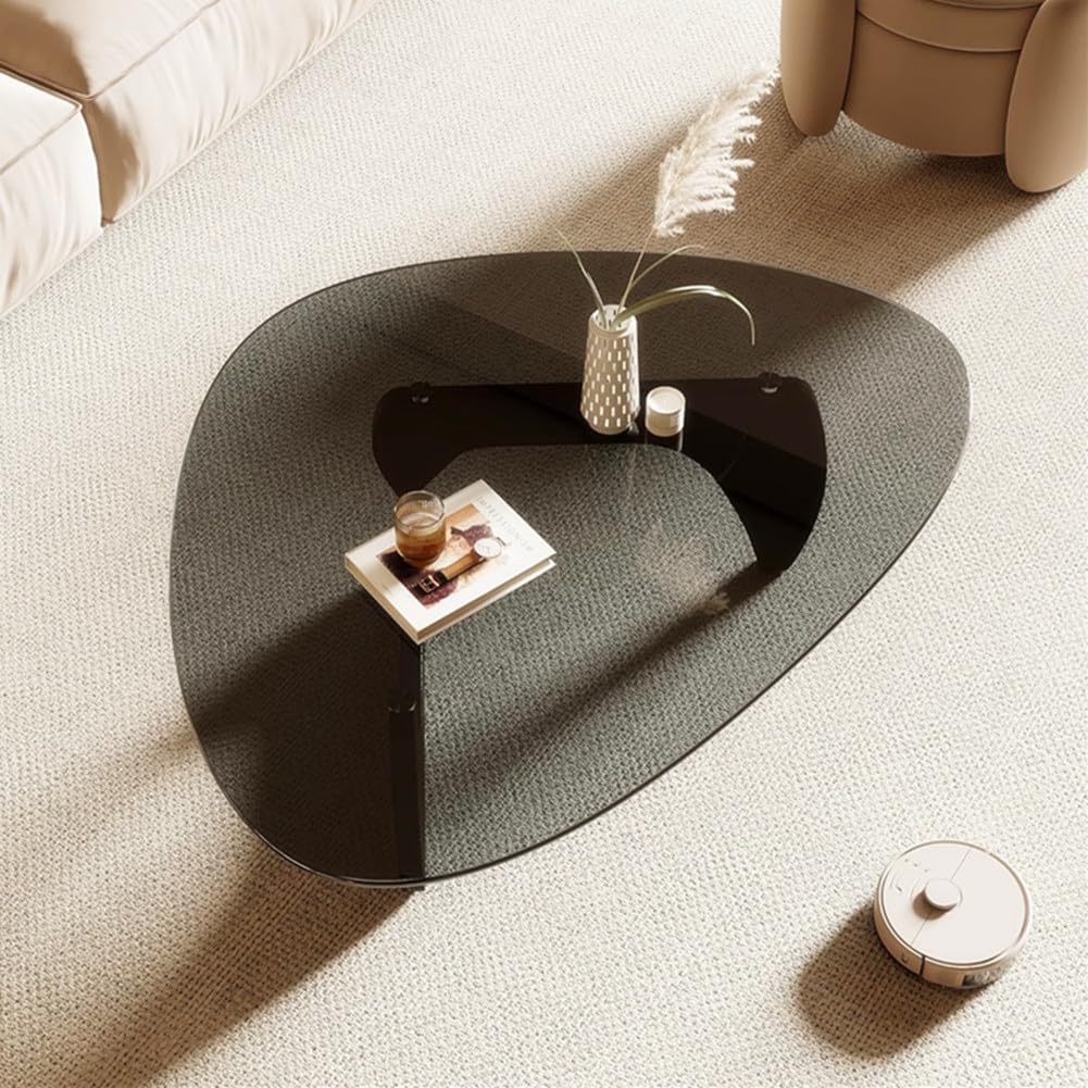 32" Mid-Century Modern Coffee Table,Triangle Glass Top Wooden Table for Living Room