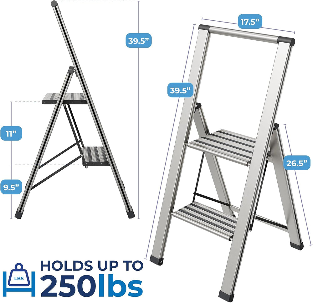 Step Ladder 2 Step Folding, Decorative - Modern Beautiful Aluminum, Lightweig...