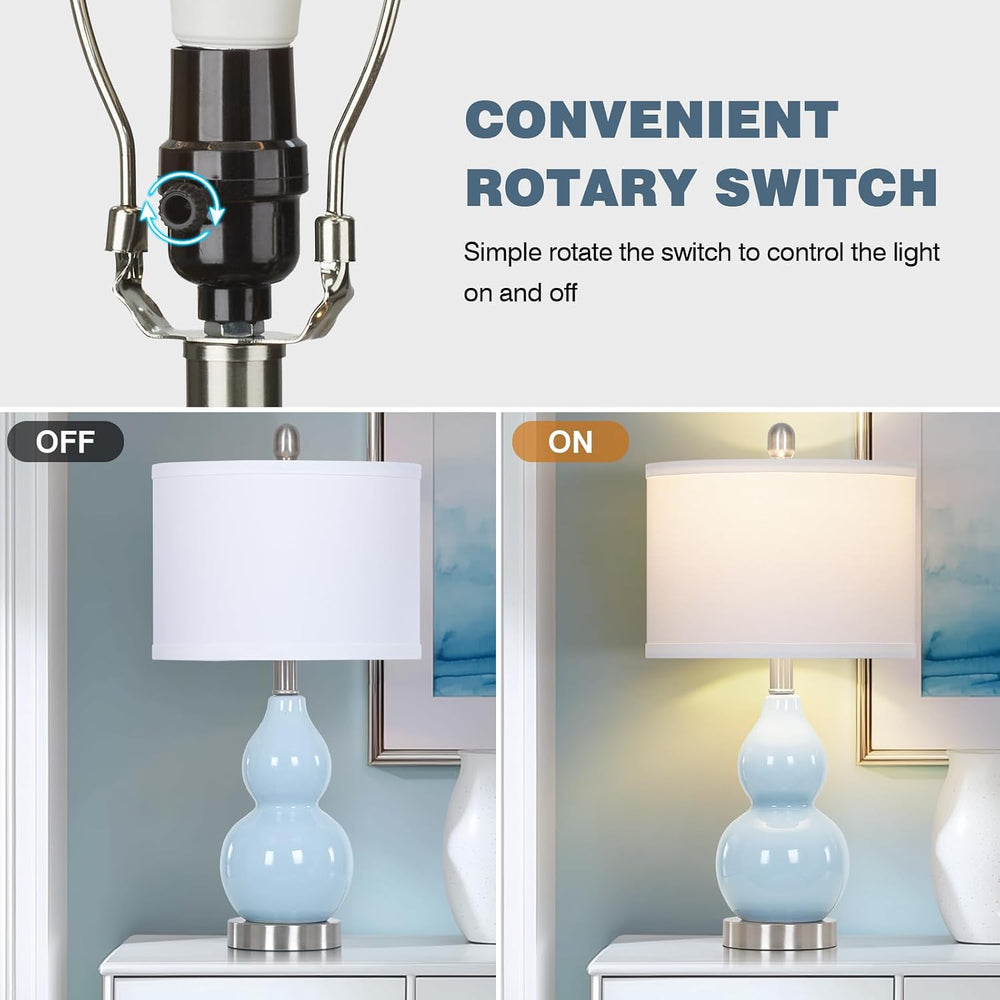 22" Double Gourd Ceramic Table Lamps Set of 2, Blue Modern Bedside Lamps...