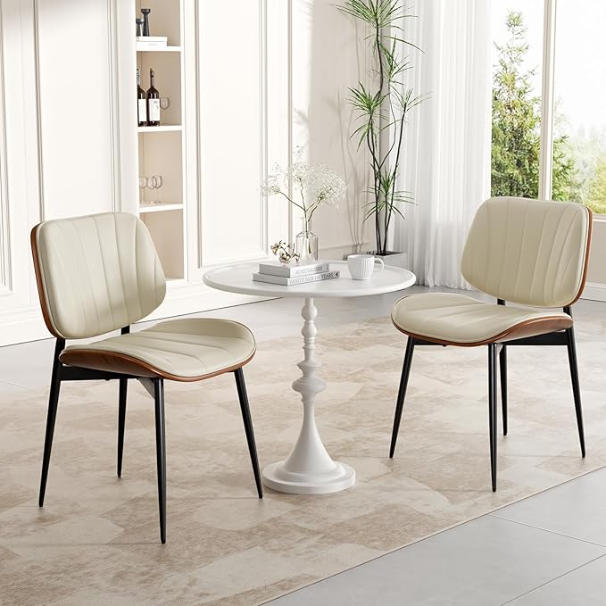 Dining Chair, Mid Century Modern Dining Room Chairs, Upholstered Faux Leather Kitchen Chairs with Walnut Bentwood Back and Metal Legs for Kitchen Dining Room Living Room, Beige