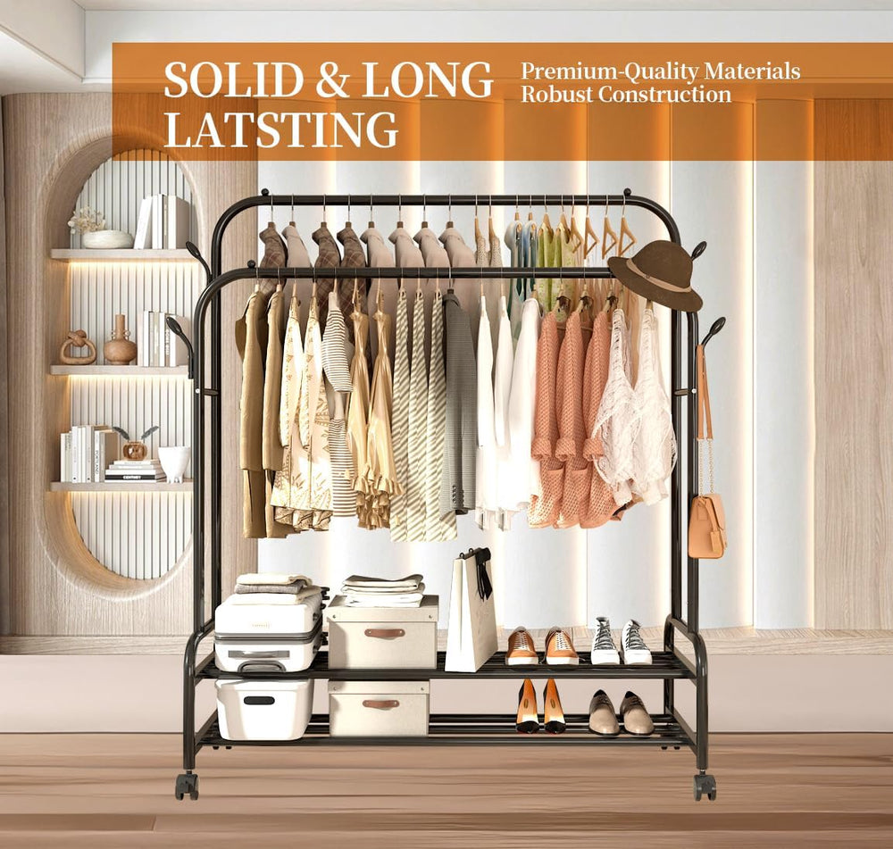 Sturdy Metal Double Rodding Clothes Rack With Wheels, Portable Clothing Rack ...