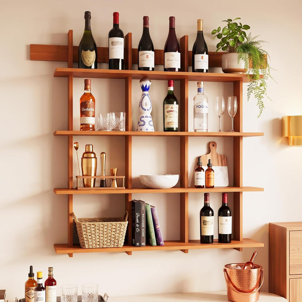 Lauxery 4-Tier Bamboo Wall Mounted Bookshelf, Rustic Brown, 43.3x45.7 in