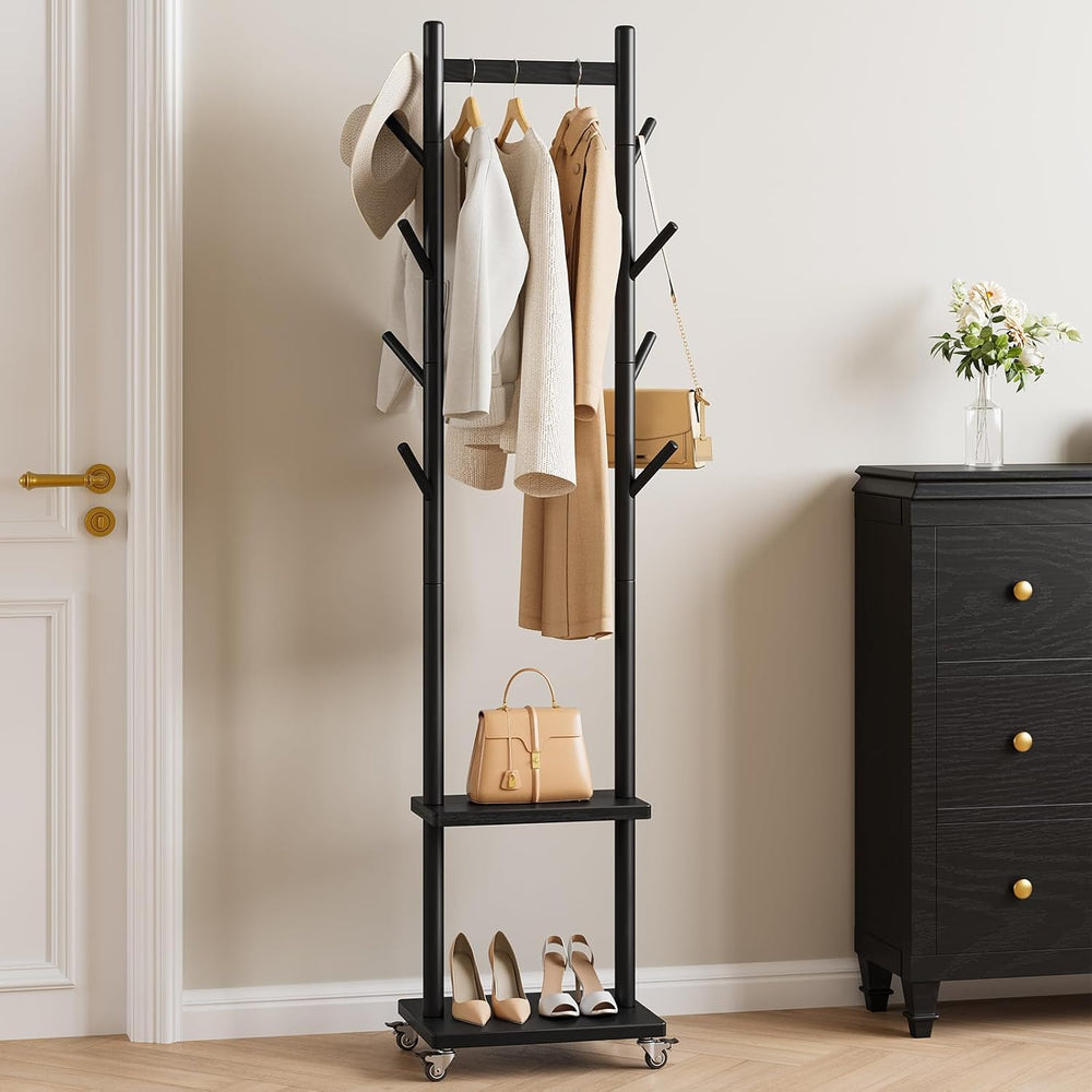 Yoobure Solid Wood Coat Rack Freestanding - Rolling Clothes Rack with 8 Hooks...