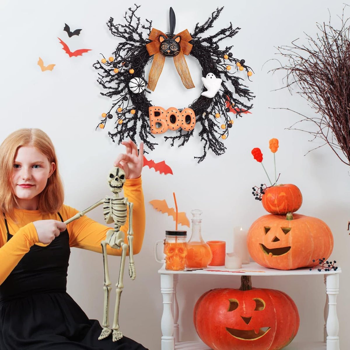 Halloween Wreaths for Front Door, 18Inch Halloween Wreath with Black Cat Boo Sign White Pumpkin and Ghost for Indoor Outdoor Window Proch Halloween Decoration