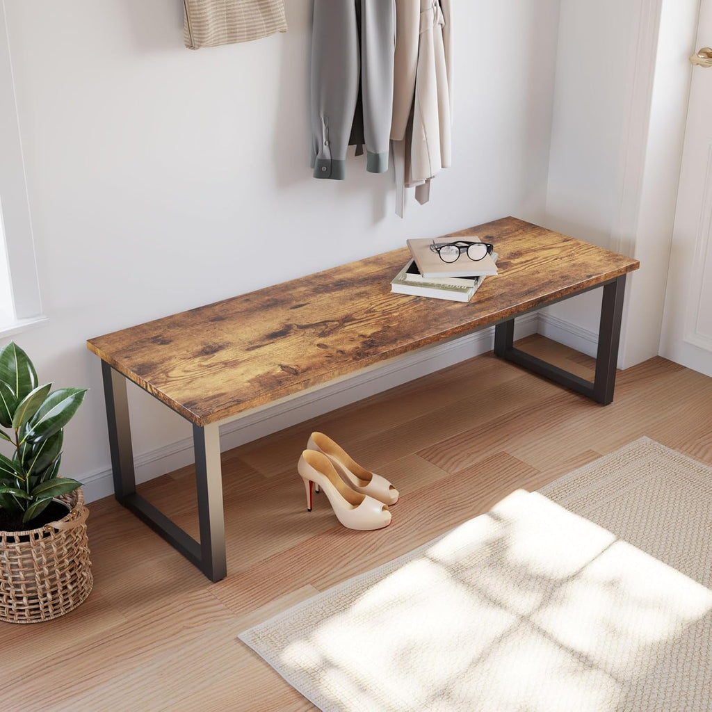 HIPIHOM 43.3" Industrial Bench Set of 2 Antique Wood & Metal | Rustic farmhouse style, MDF top with vintage woodgrain finish, durable matte black metal legs,for dining-entryway-bedroom