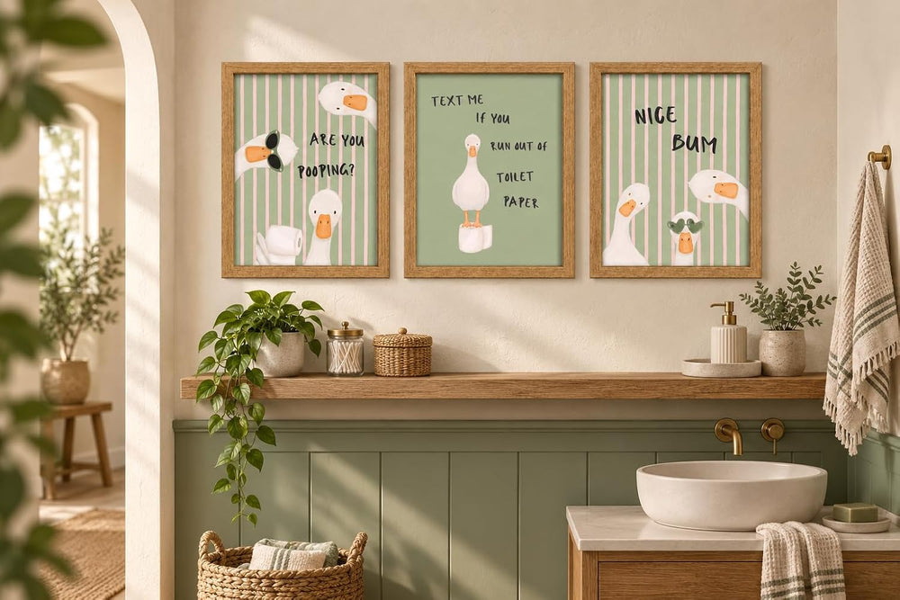 3 Piece Funny Duck Bathroom Wall Art Set Framed Canvas Posters 12x16 Inch