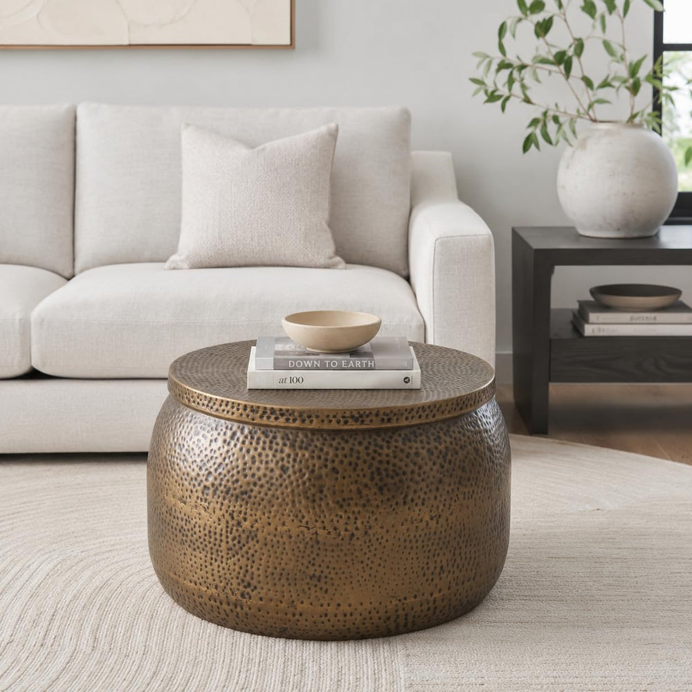 Albany Living Hammered Aluminum Drum Coffee Table with Storage, Brass