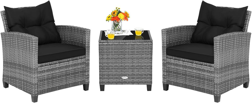 Tangkula 3 Pieces Patio Furniture Set, Outdoor PE Rattan Conversation Chair S...