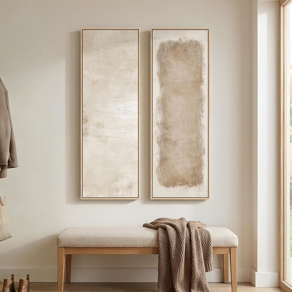 Large Framed Beige Cream Abstract Vertical Wall Art for Hallway, 2 Piece