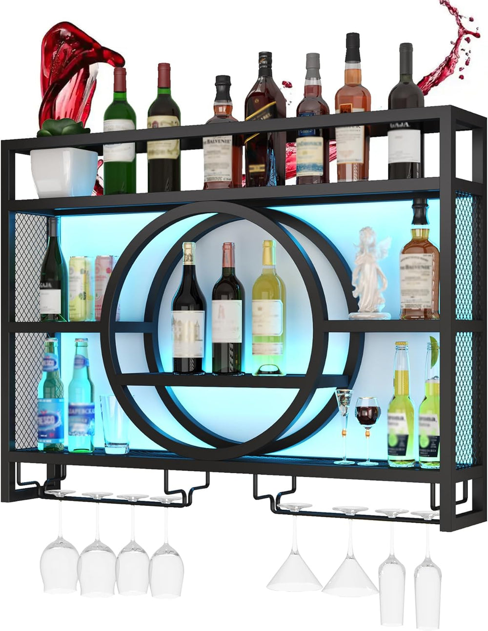 Wine Rack Wall Mounted with Wine Glass Rack Floating Bar Shelves for Liquor B...