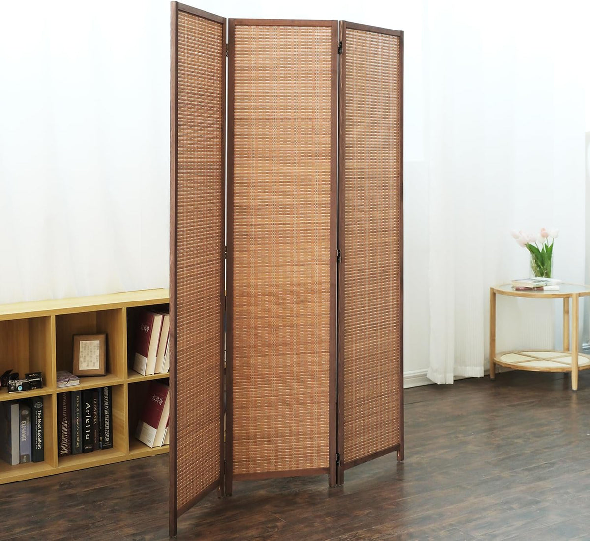 Furnnylane 3 Panel Bamboo Room Divider - 5.6 ft Tall Folding Privacy Screen for Room Separation, Natural Brown Freestanding Partition Wall for Home Office (67" H x 46" W)