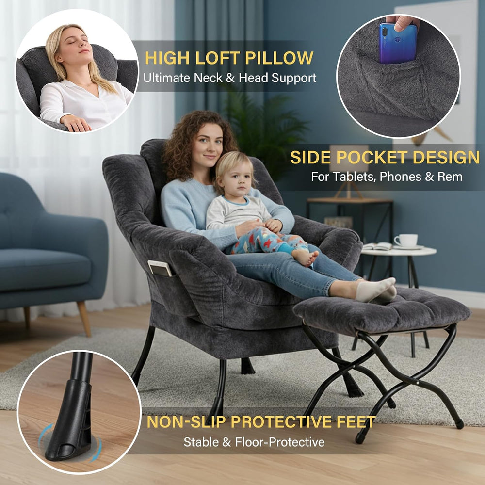 Plush Lazy Chair and Ottoman, Large Dark Grey Contemporary Accent Chair with ...