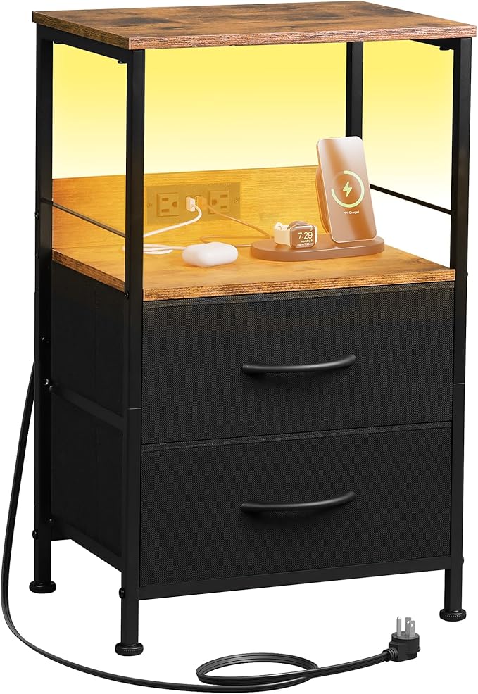 WLIVE Nightstand with Charging Station, LED Night Stand with 2 Fabric Drawers and Open Shelf, Small Dresser for Small Spaces, Side End Tables for Bedroom, Rustic Brown and Black