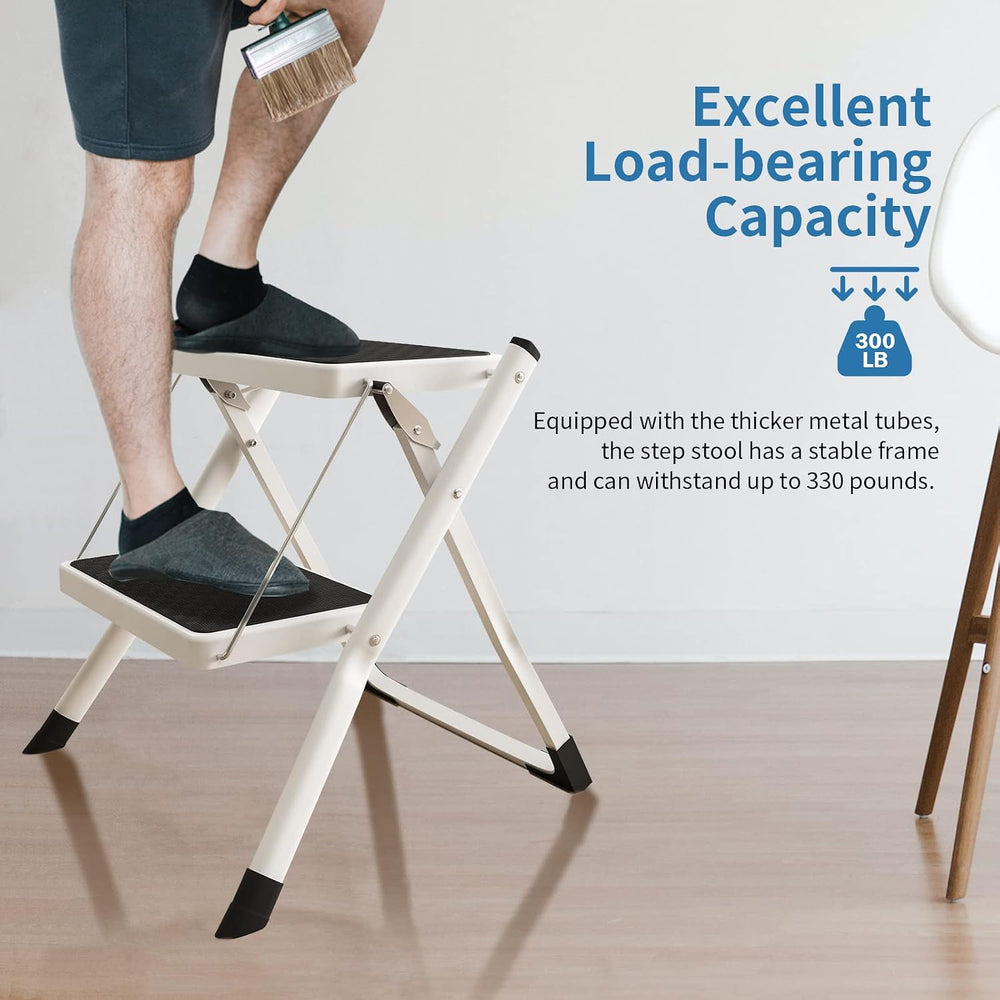 2 Step Ladder, Folding Metal Step Stool with Wide Anti-Slip Pedal