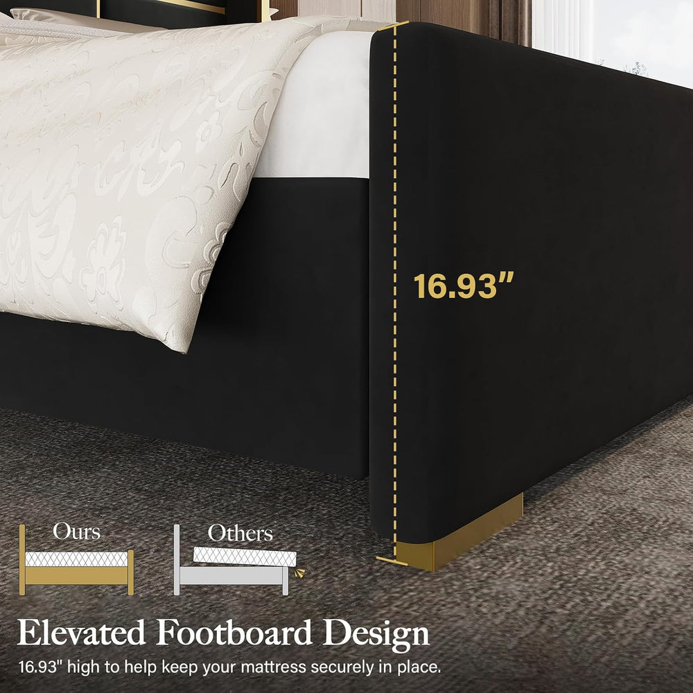 Queen Bed Frame with Gold Trim Headboard, Upholstered Bed, Black