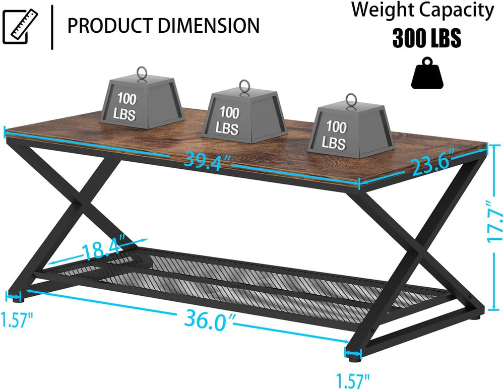 LVB Coffee Table for Living Room, 2 Tier Tea Table, 39 inch, Rustic Brown
