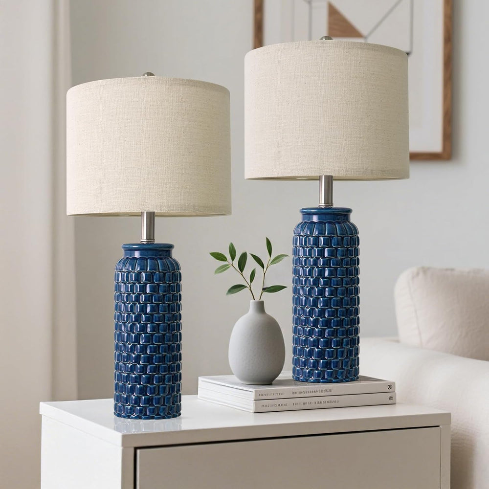 USumkky 24 inches Modern Ceramic Dark Blue Bedside Lamp Set of 2 for Bedroom ...
