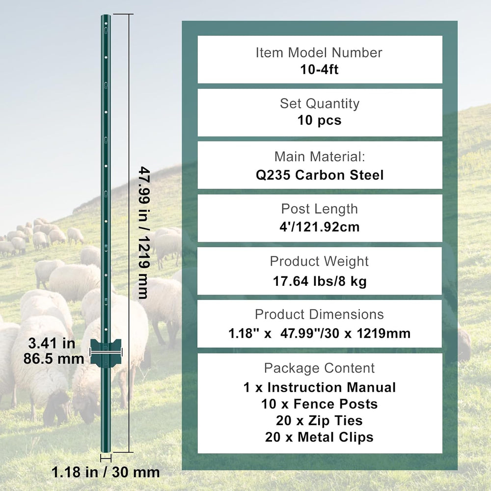 VEVOR 4 Feet U-Channel Metal Fence Post, 10 Pack with 20 Zip Ties & 20 Cl...