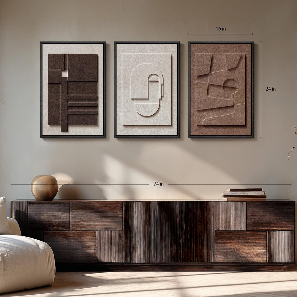 3D Textured Framed Brown and White Abstract Wall Art Set, 3 Piece 16x24 In