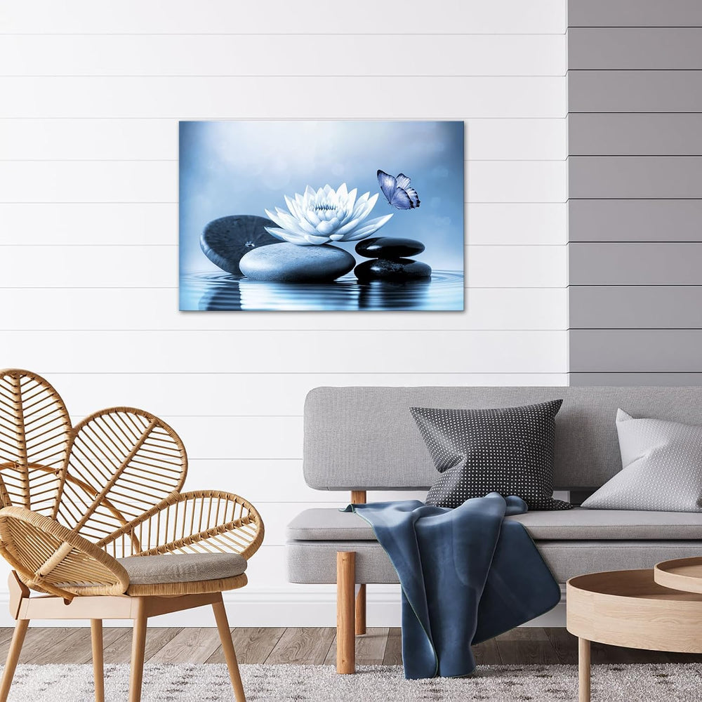 VANSEEING Zen Canvas Wall Art Blue Lotus Flowers Stones Butterfly on Water Li...