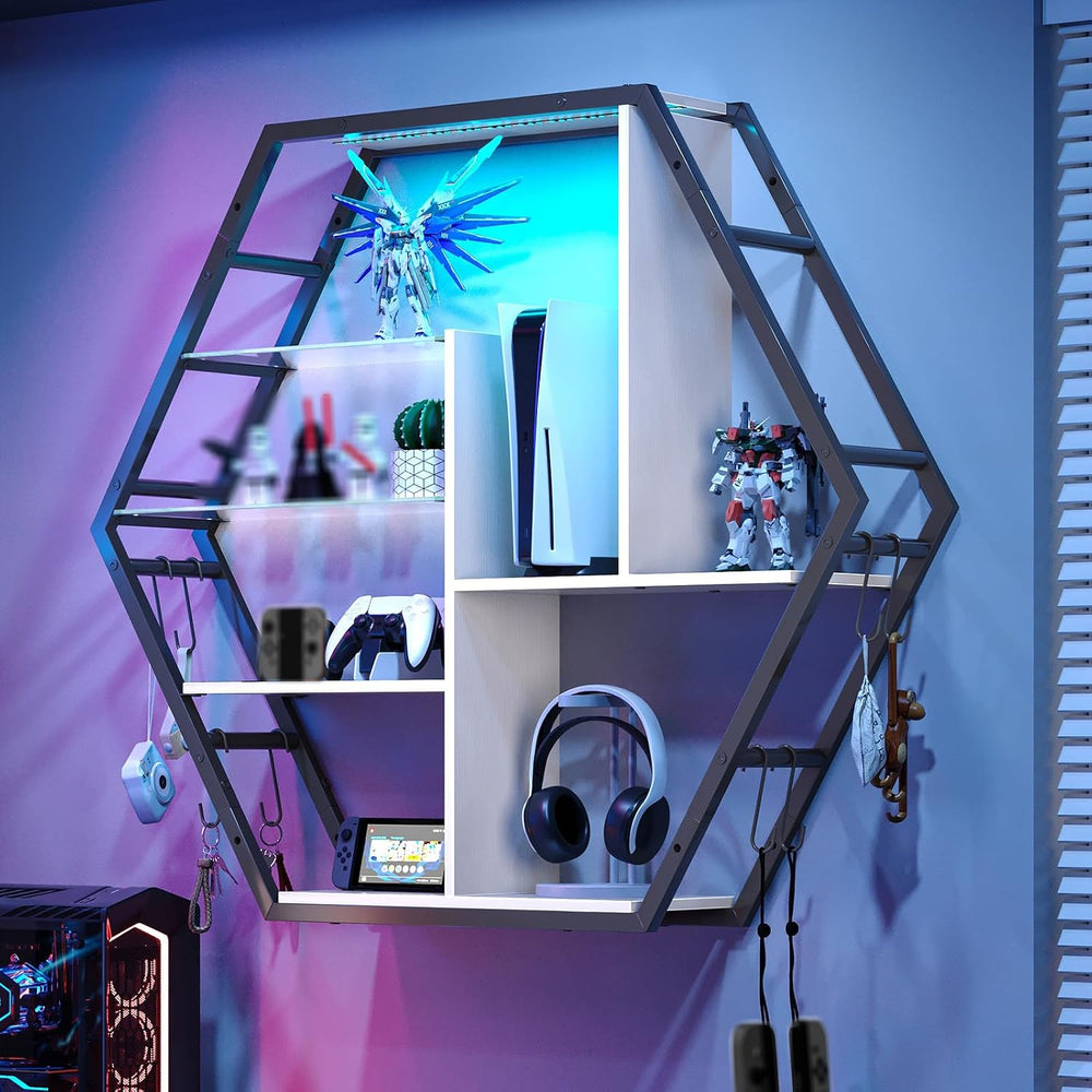 Saudism Large Gaming Room Storage Shelf, Hexagon Wall Mounted Display Shelf