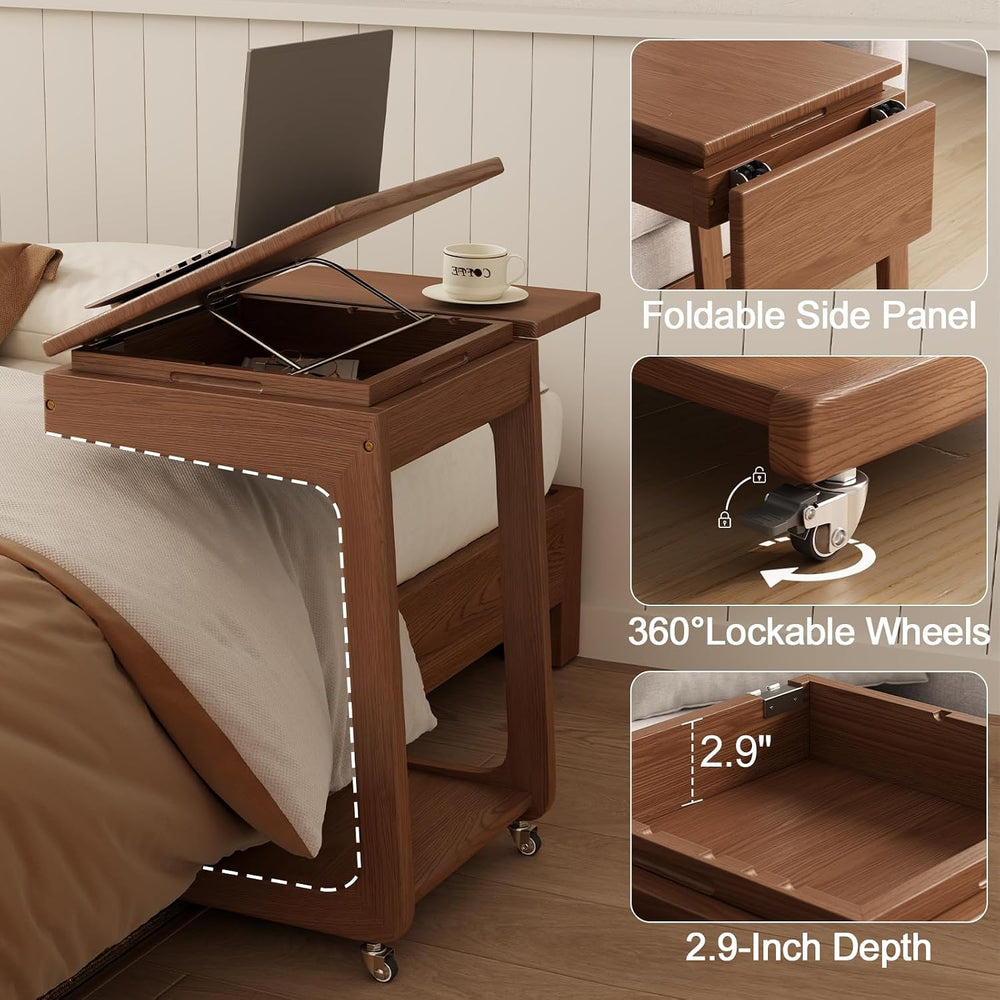 Solid Wood C Shaped End Table for Couch, Walnut Couch Desk