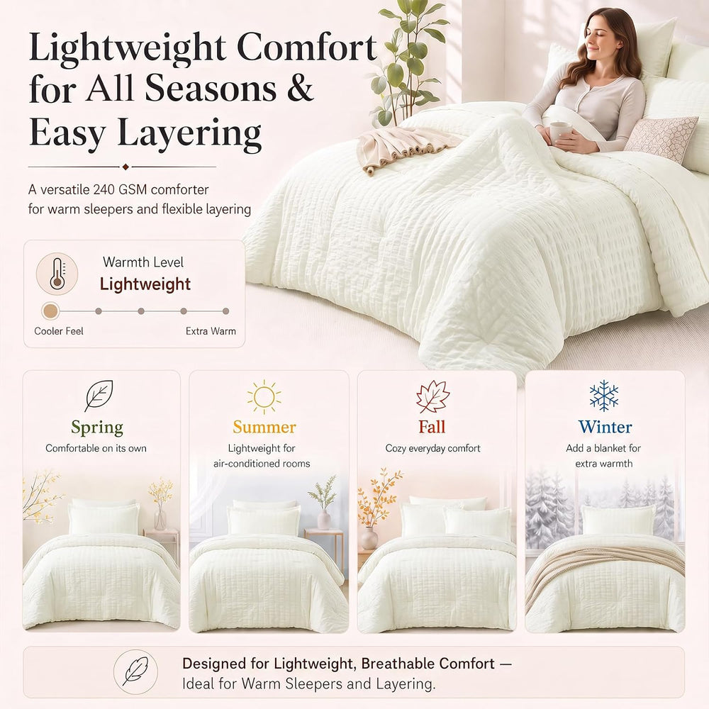 CozyLux Queen Comforter Set, 7 Pieces Ivory Seersucker Bed in a Bag