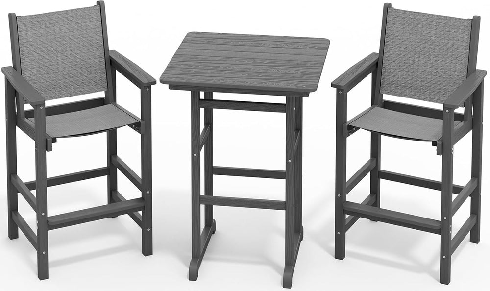 SERWALL 3 Pcs Textilene Bar Height Adirondack Chairs and Table Set, Grey