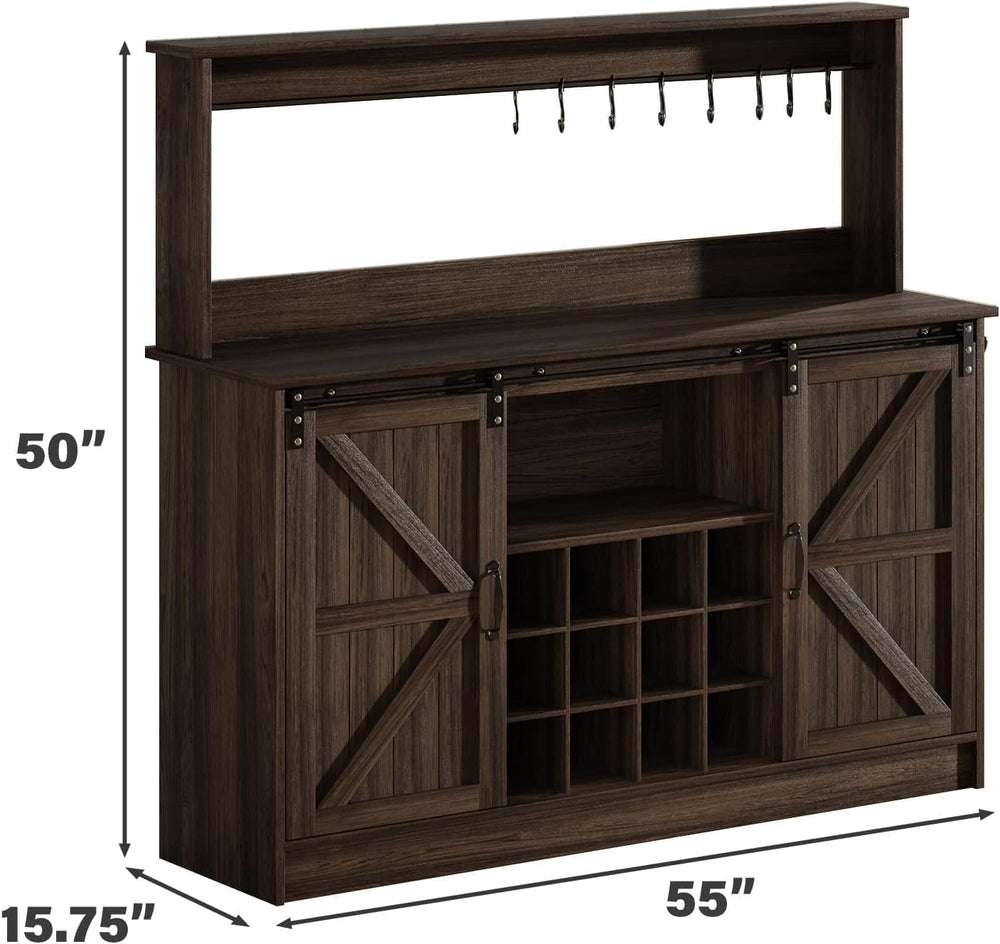 4ever2buy 55" Farmhouse Coffee Bar Cabinet with Storage Hutch, Oak