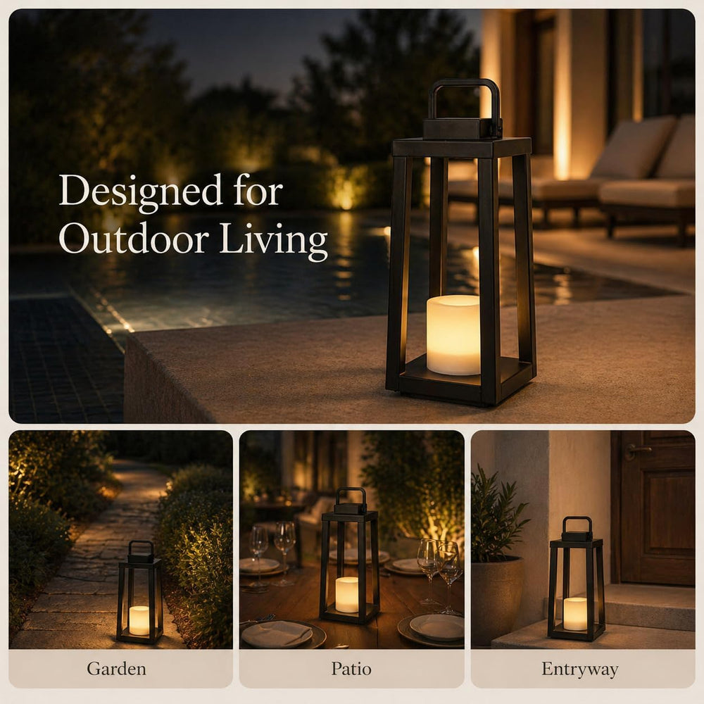 H16 Modern Outdoor Solar Lantern Black Metal Frame with Flickering LED Candle...