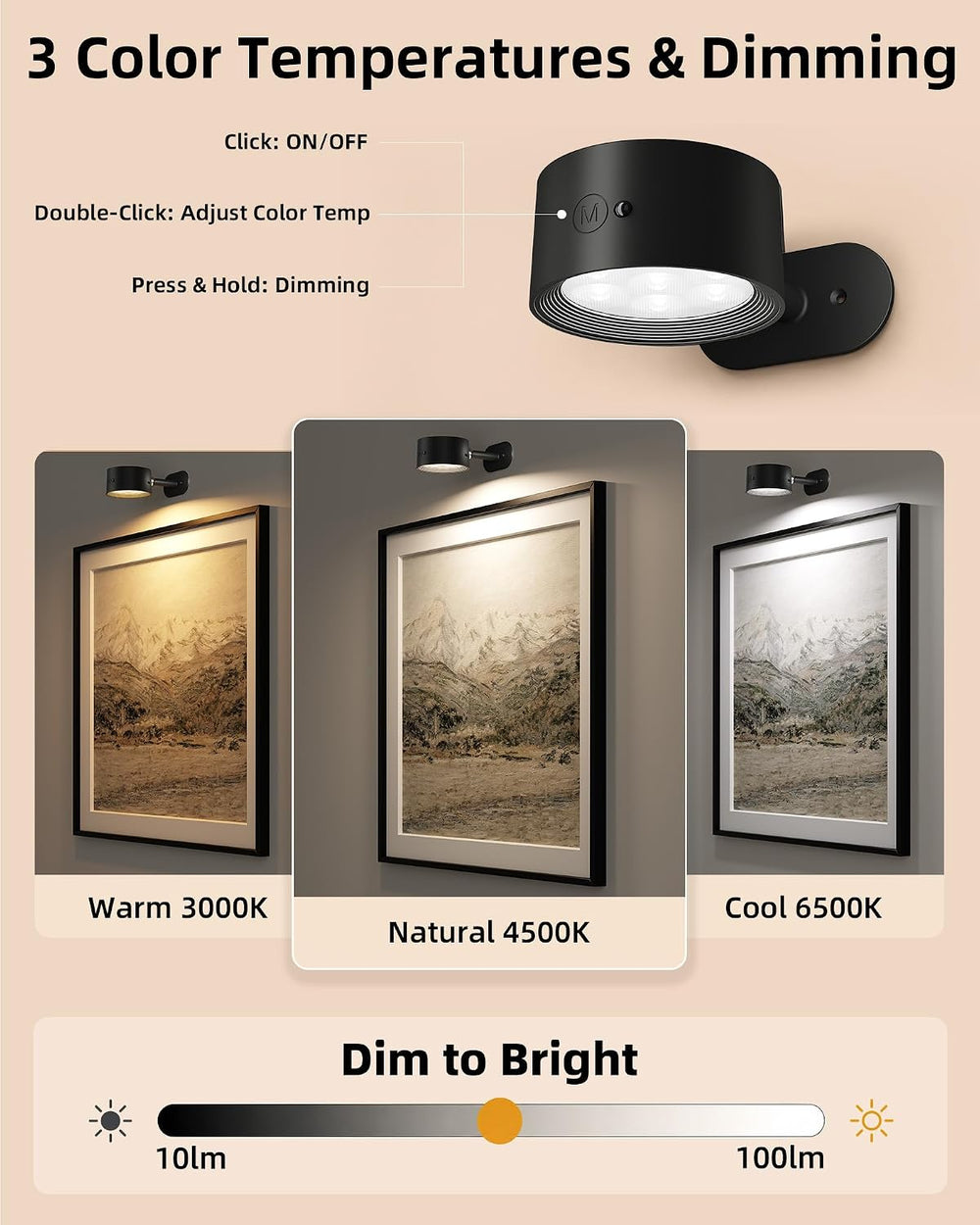 Picture Lights for Wall, 6 Pack Rechargeable Magnetic with Remote (Black)