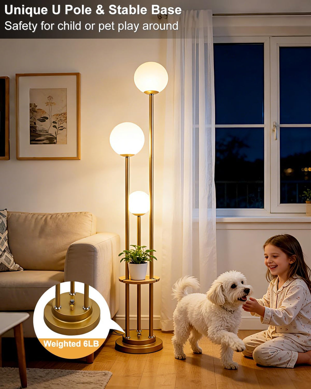 Lightdot Gold Floor Lamp 3-Lights Dimmable Floor Lamps with Tray 3000K Bulbs ...