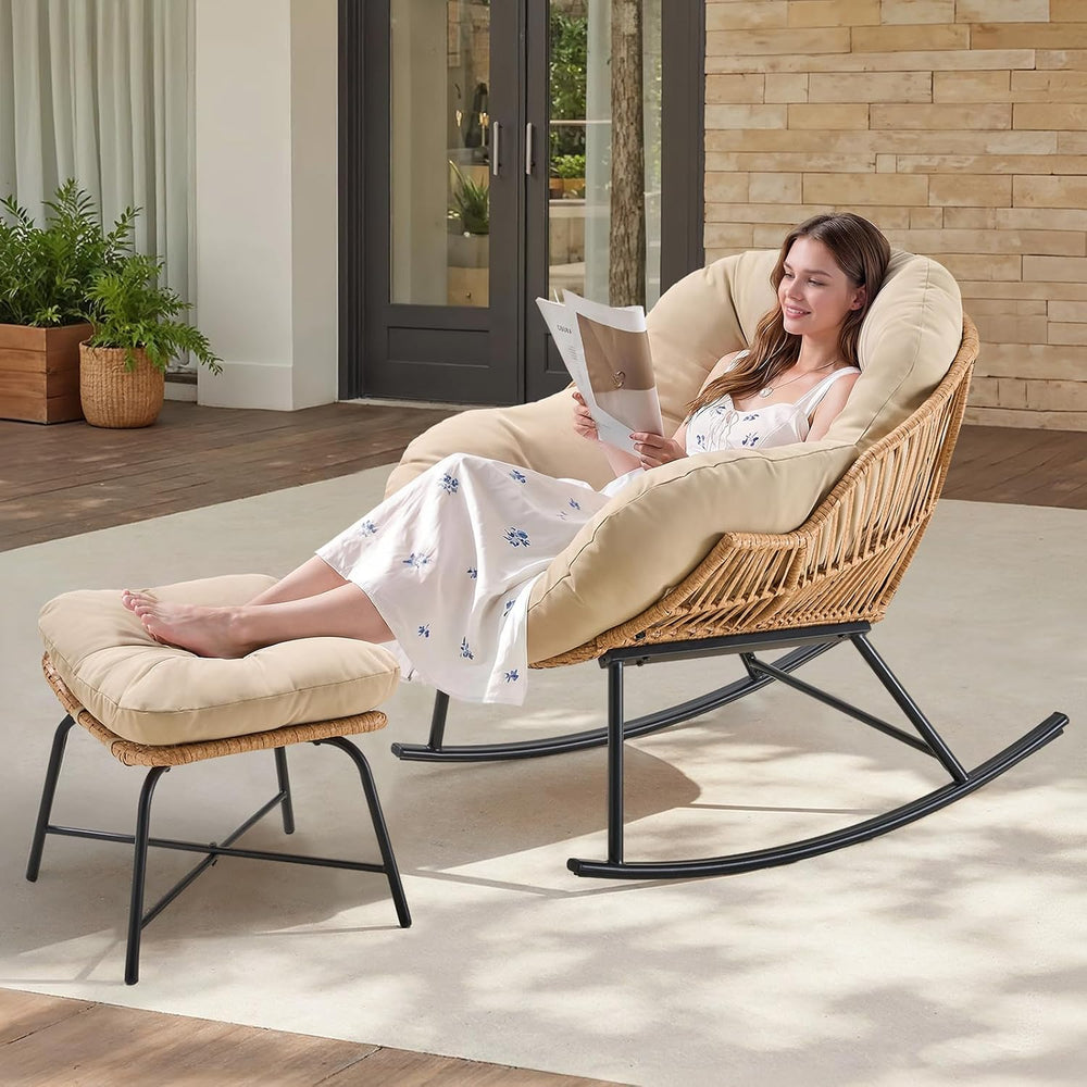 Papasan Rocking Chair with Ottoman, Oversized Papasan Chair, Beige
