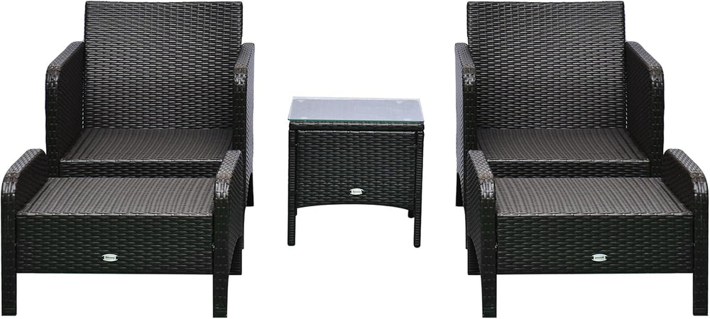 Outsunny 5 Pieces Rattan Wicker Lounge Chair 2 Ottomans Brown/Blue