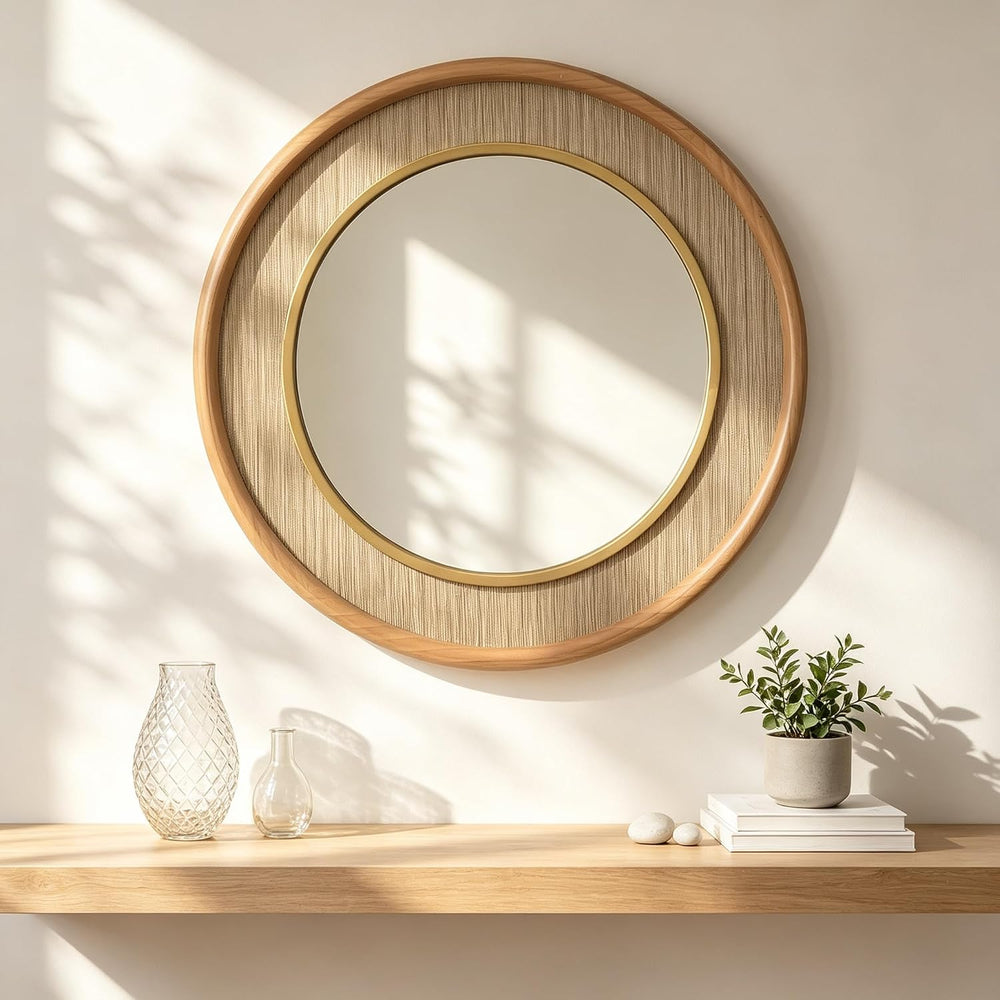 sawsile Round Wood Mirror 24" Natural Circle Bathroom Wall Mirrors
