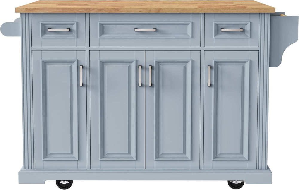 54" Gray Blue Kitchen Island with 3 Drawers, Drop Leaf and Wheels