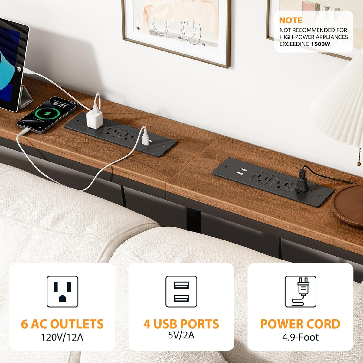 Bathola 80.7'' Behind Couch Table with 2 Outlets, Sofa Tables Narrow Long