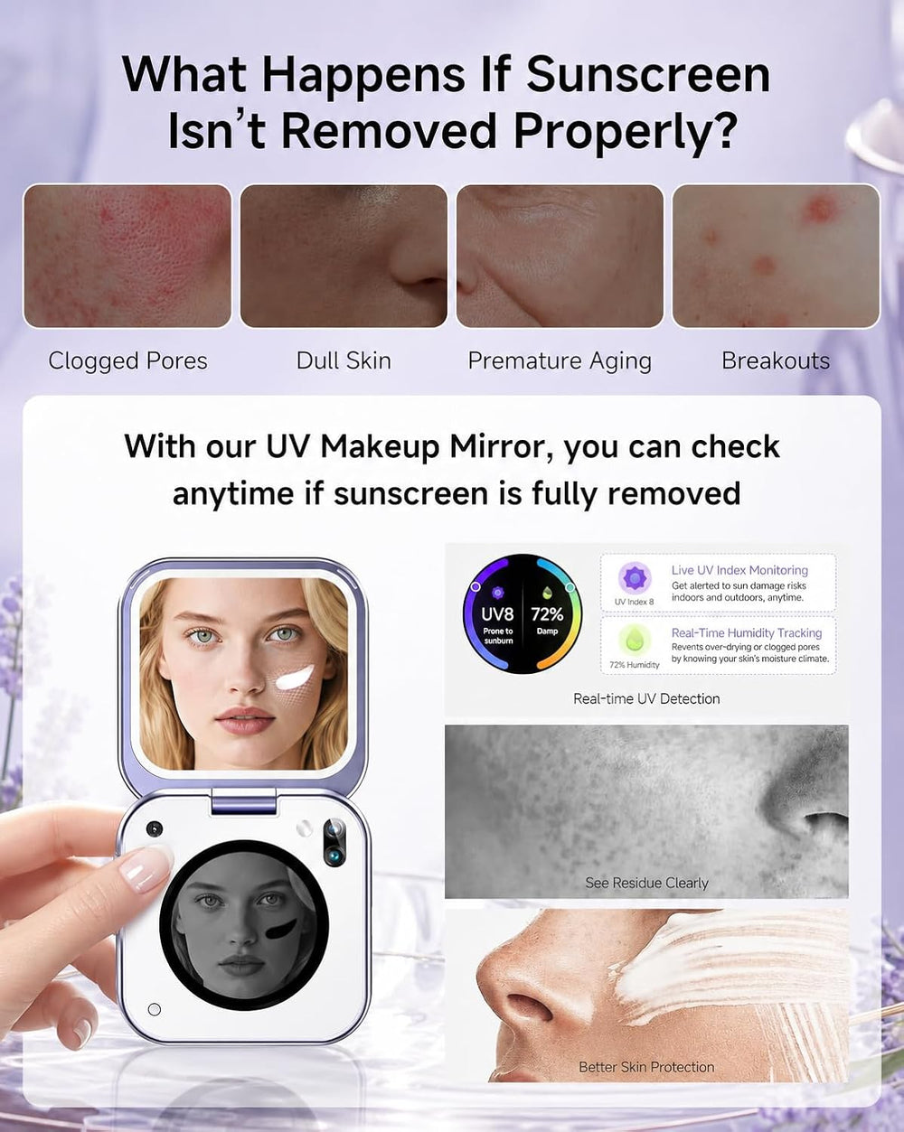 inewme UV Camera Makeup Mirror, LED Compact Mirror for Sunscreen Check